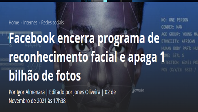 Facebook a anunciou que vai apagar 1 Bilhão de fotos de reconhecimento Facial.